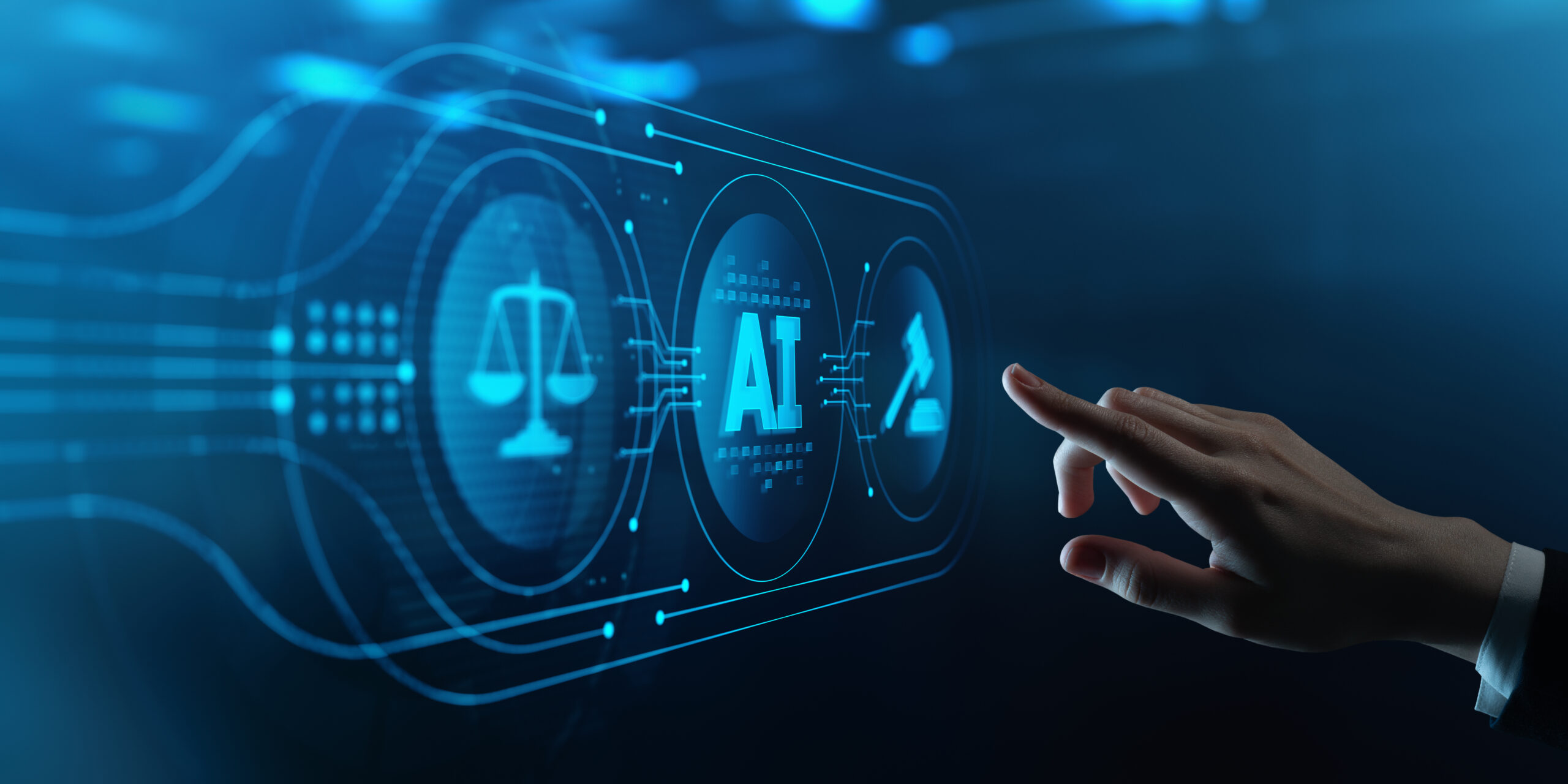 businessman pressing button touches virtual screen with artificial intelligence ai, justice scales, and judge's gavel